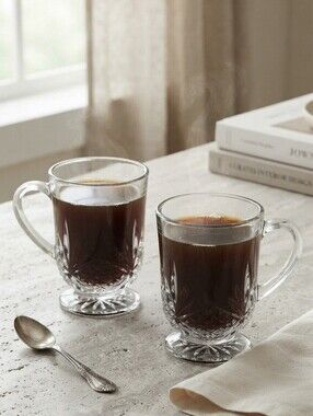 Footed Cut Glass Coffee Mugs Set of Two Crystal Style Irish Coffee Cups